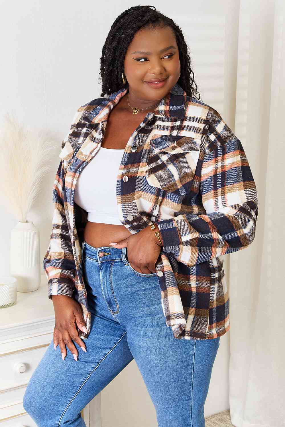 Double Take Plaid Button Front Shirt Jacket with Breast Pockets - Dixie Hike & Style