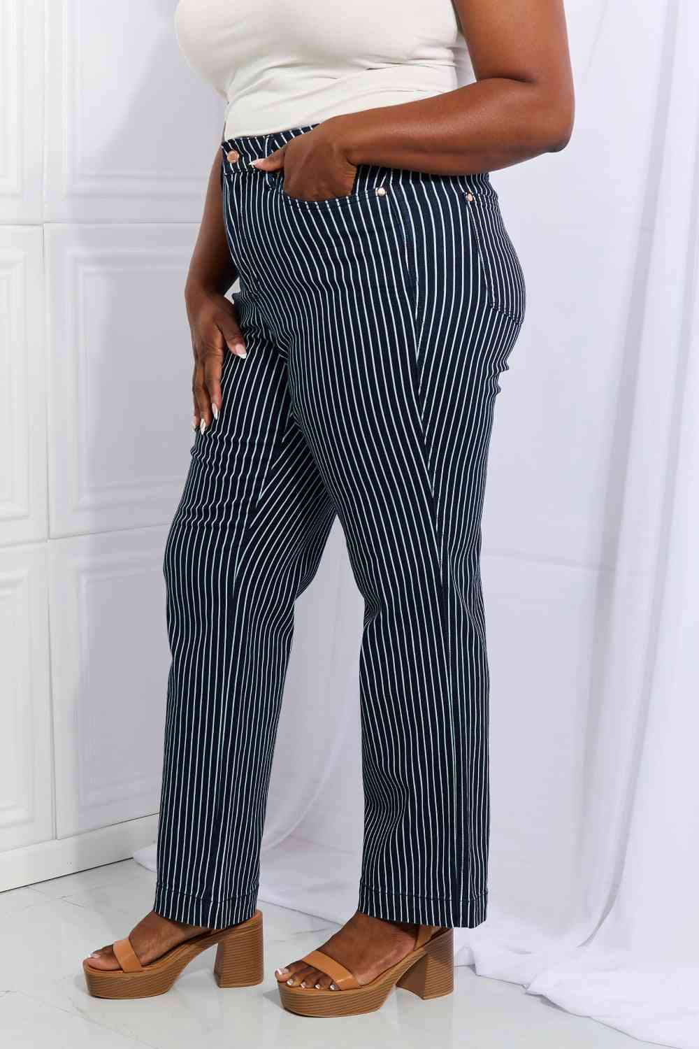 Judy Blue Cassidy Full Size High Waisted Tummy Control Striped Straight Jeans - Dixie Hike & Style