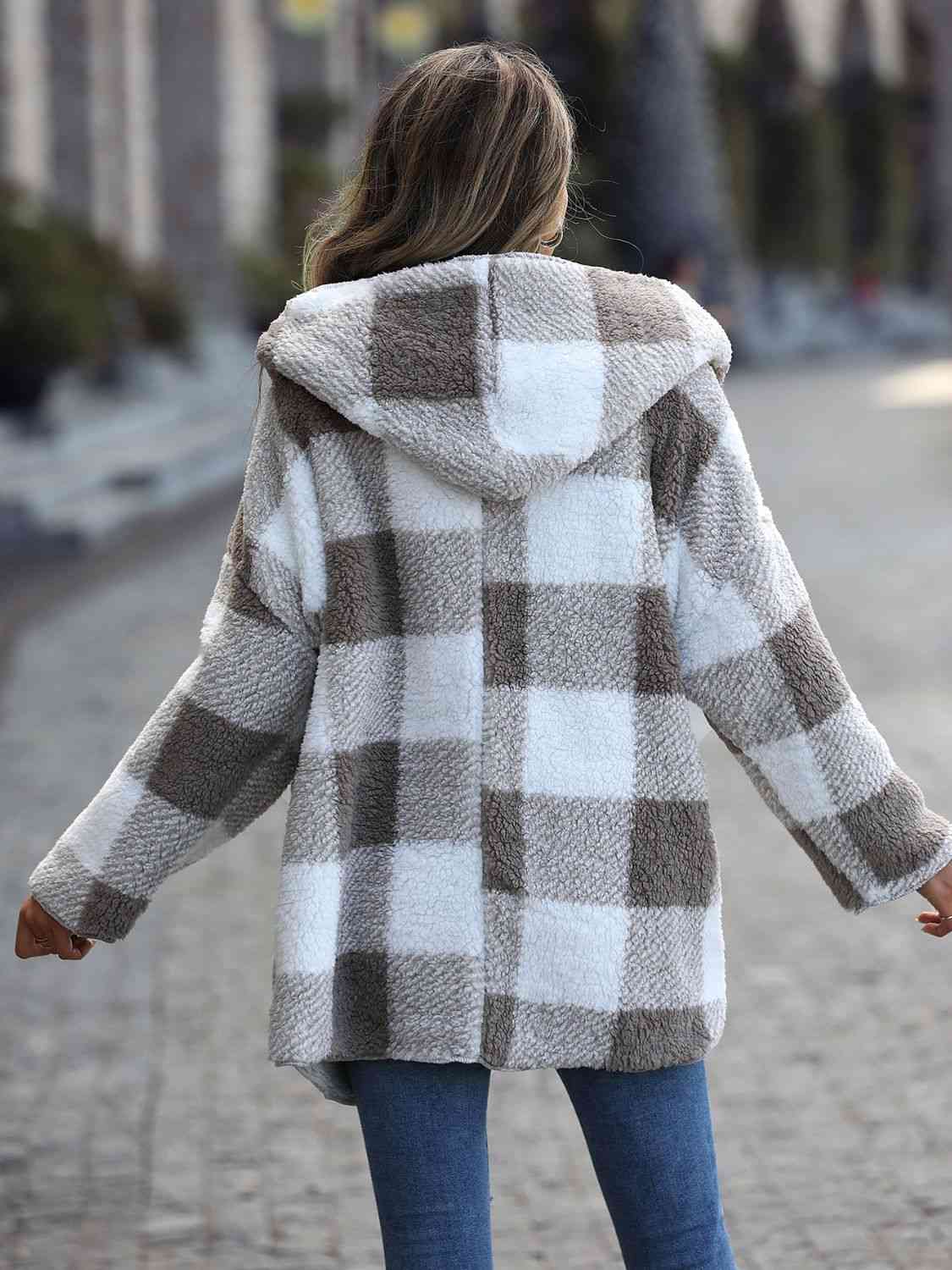 Plaid Open Front Hooded Coat - Dixie Hike & Style