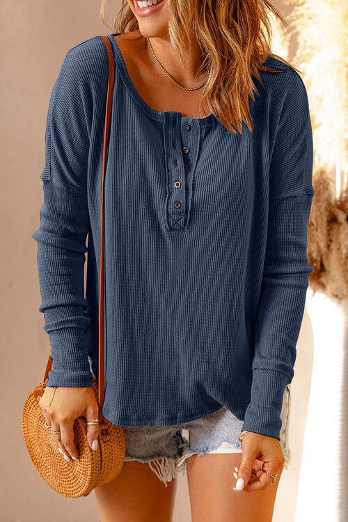 Waffle Knit Henley Long Sleeve Top - Dixie Hike & Style