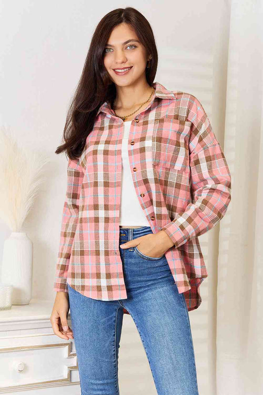Double Take Plaid Collared Neck Long Sleeve Button-Up Shirt - Dixie Hike & Style