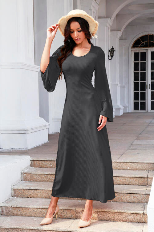 Tie Back Ribbed Round Neck Long Sleeve Dress - Dixie Hike & Style