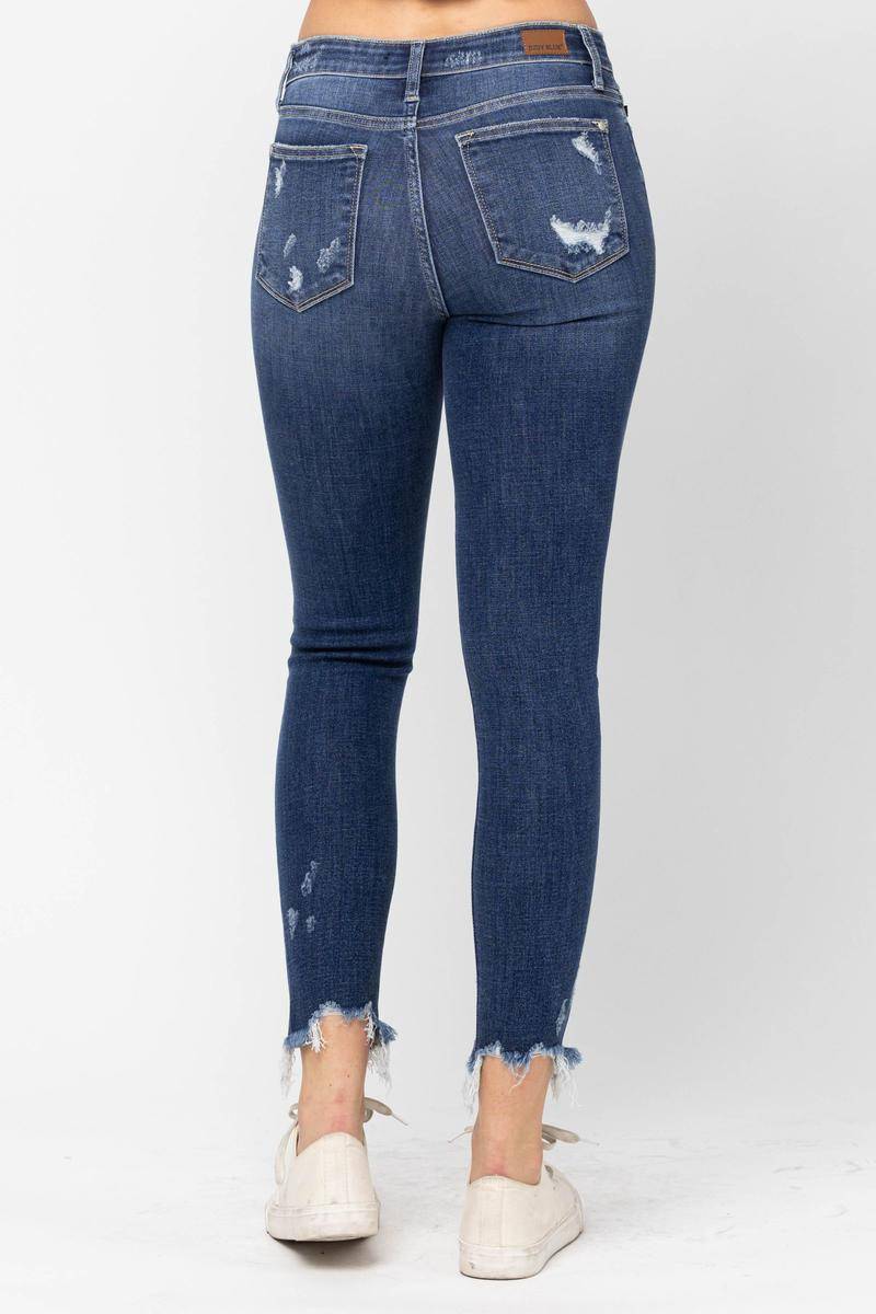 Judy Blue Mid-Rise Raw Hem Destroyed Skinny Jeans - Dixie Hike & Style