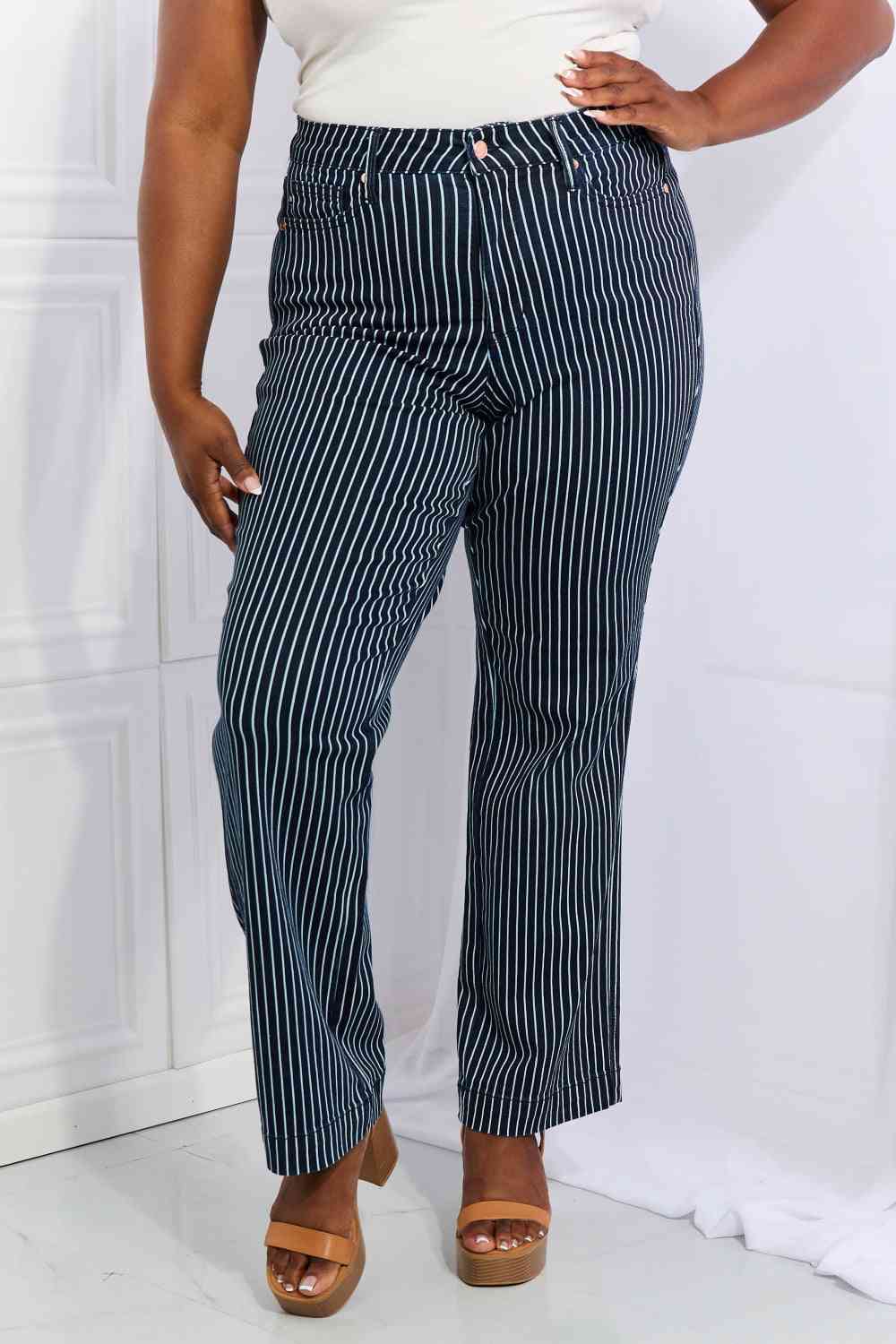 Judy Blue Cassidy Full Size High Waisted Tummy Control Striped Straight Jeans - Dixie Hike & Style