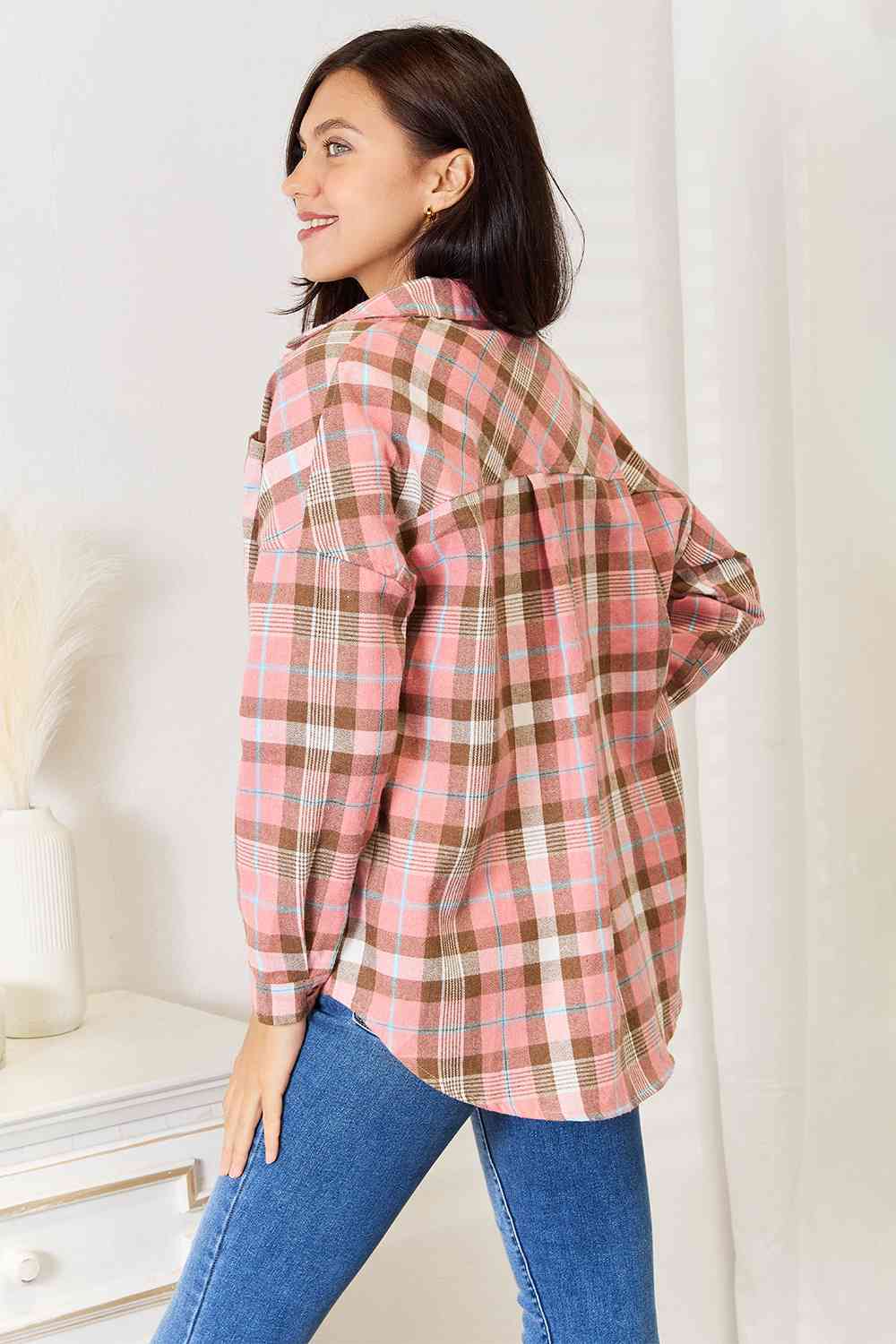 Double Take Plaid Collared Neck Long Sleeve Button-Up Shirt - Dixie Hike & Style
