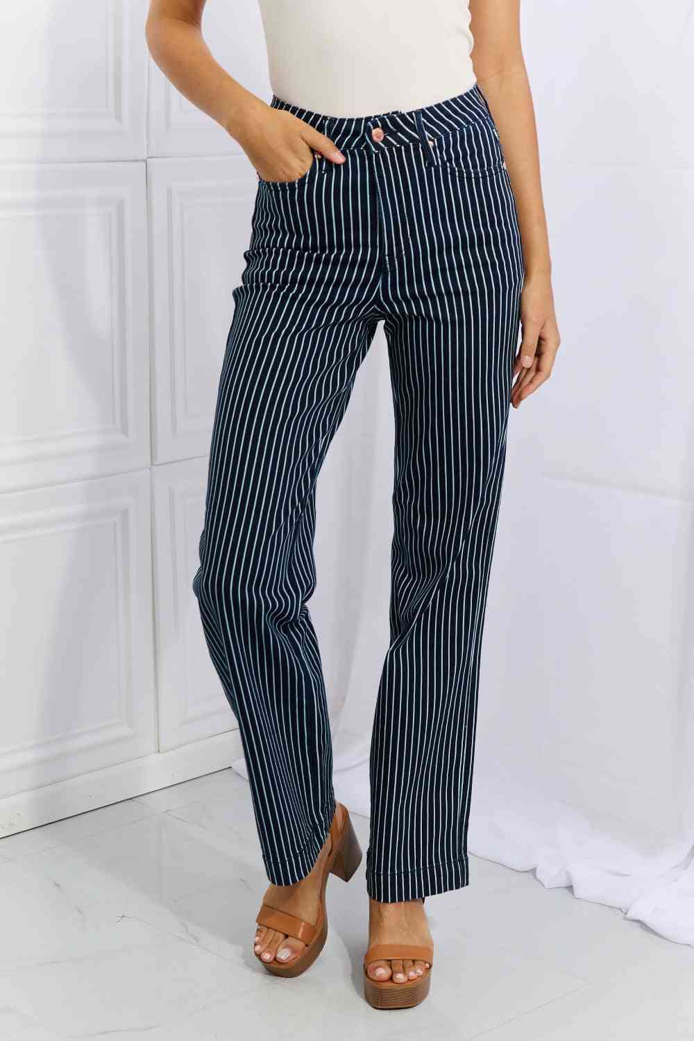 Judy Blue Cassidy Full Size High Waisted Tummy Control Striped Straight Jeans - Dixie Hike & Style