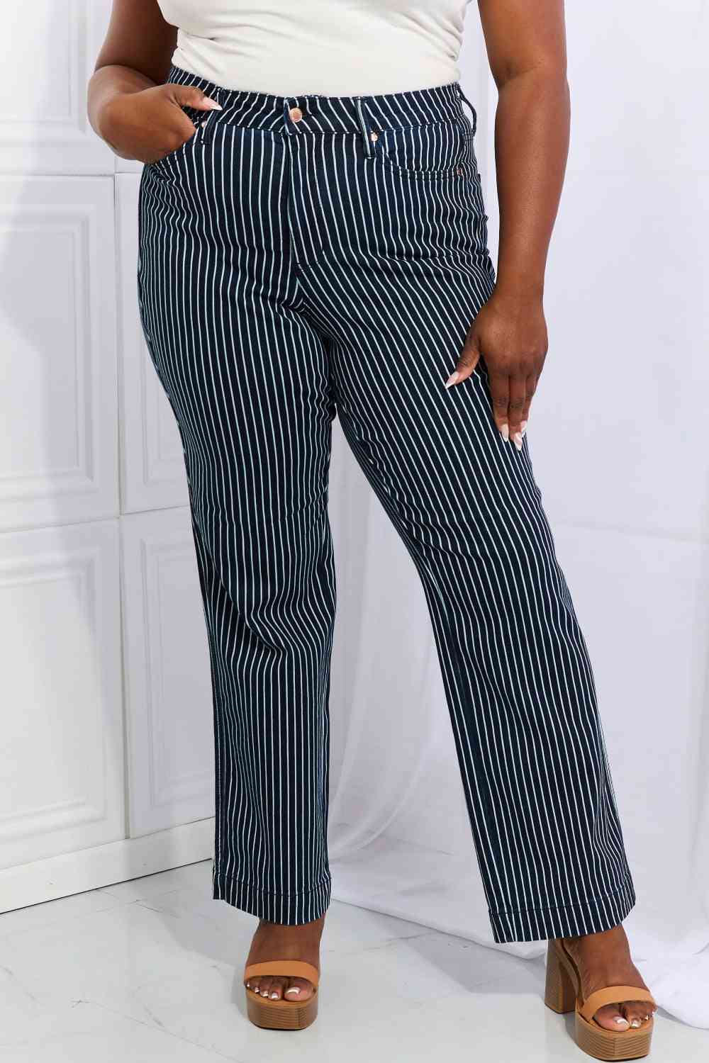 Judy Blue Cassidy Full Size High Waisted Tummy Control Striped Straight Jeans - Dixie Hike & Style