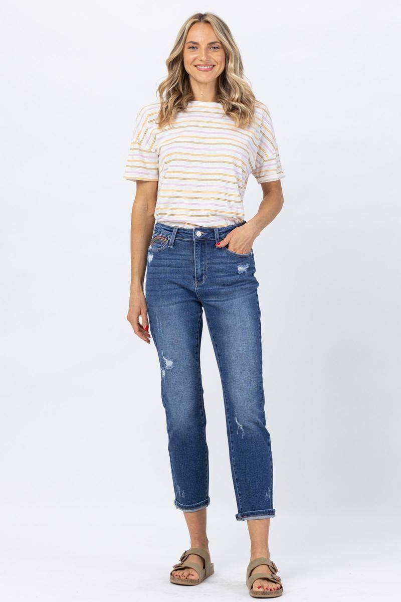 Judy Blue High Rise Rainbow Embroidery Cropped Straight Leg Jeans - Dixie Hike & Style