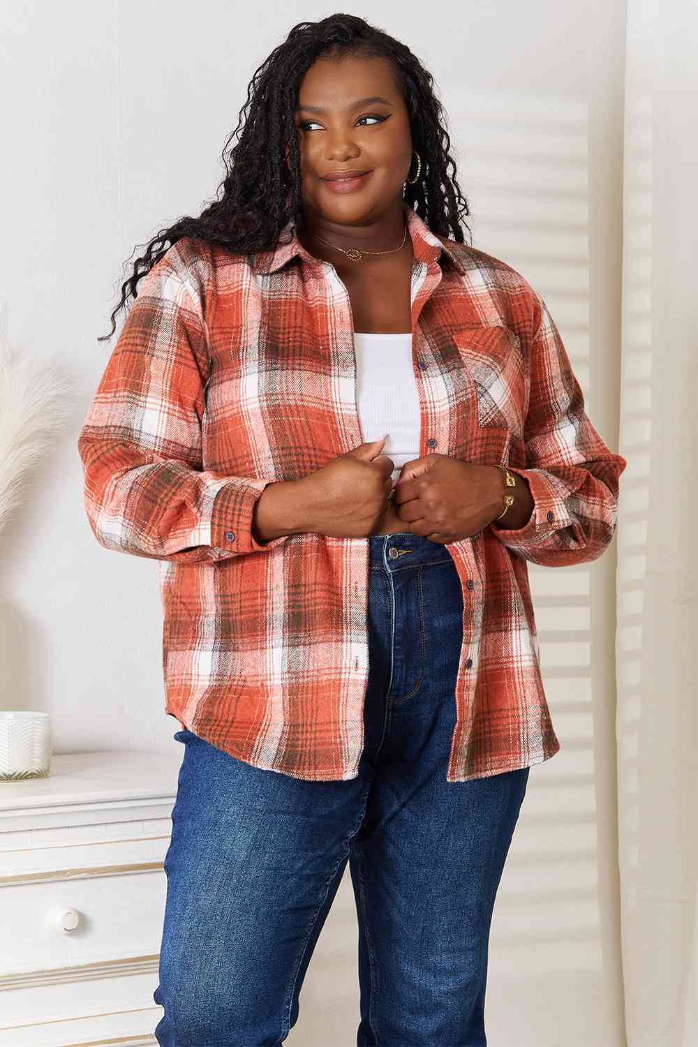 Double Take Plaid Collared Neck Long Sleeve Shirt - Dixie Hike & Style