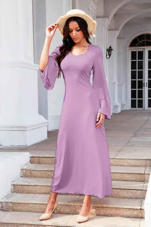 Tie Back Ribbed Round Neck Long Sleeve Dress - Dixie Hike & Style