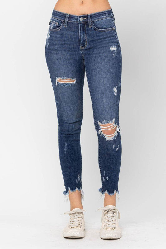 Judy Blue Mid-Rise Raw Hem Destroyed Skinny Jeans - Dixie Hike & Style