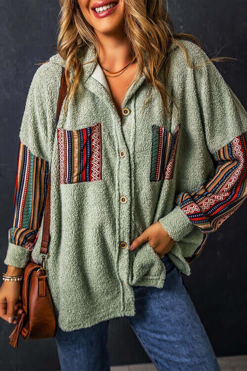 Geometric Button Up Long Sleeve Hooded Jacket - Dixie Hike & Style