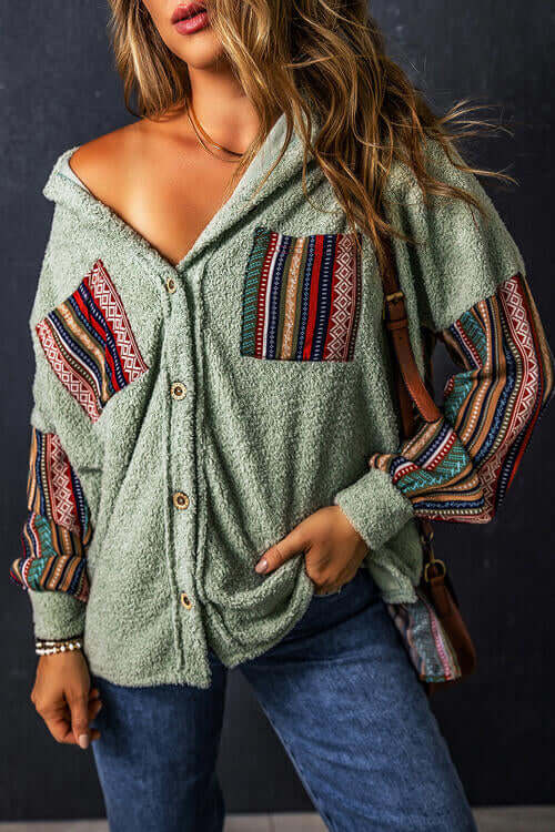 Geometric Button Up Long Sleeve Hooded Jacket - Dixie Hike & Style