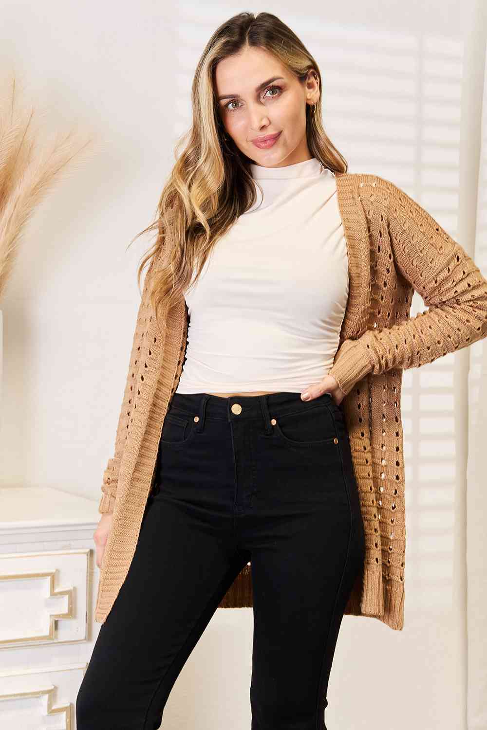 Woven Right Openwork Horizontal Ribbing Open Front Cardigan - Dixie Hike & Style