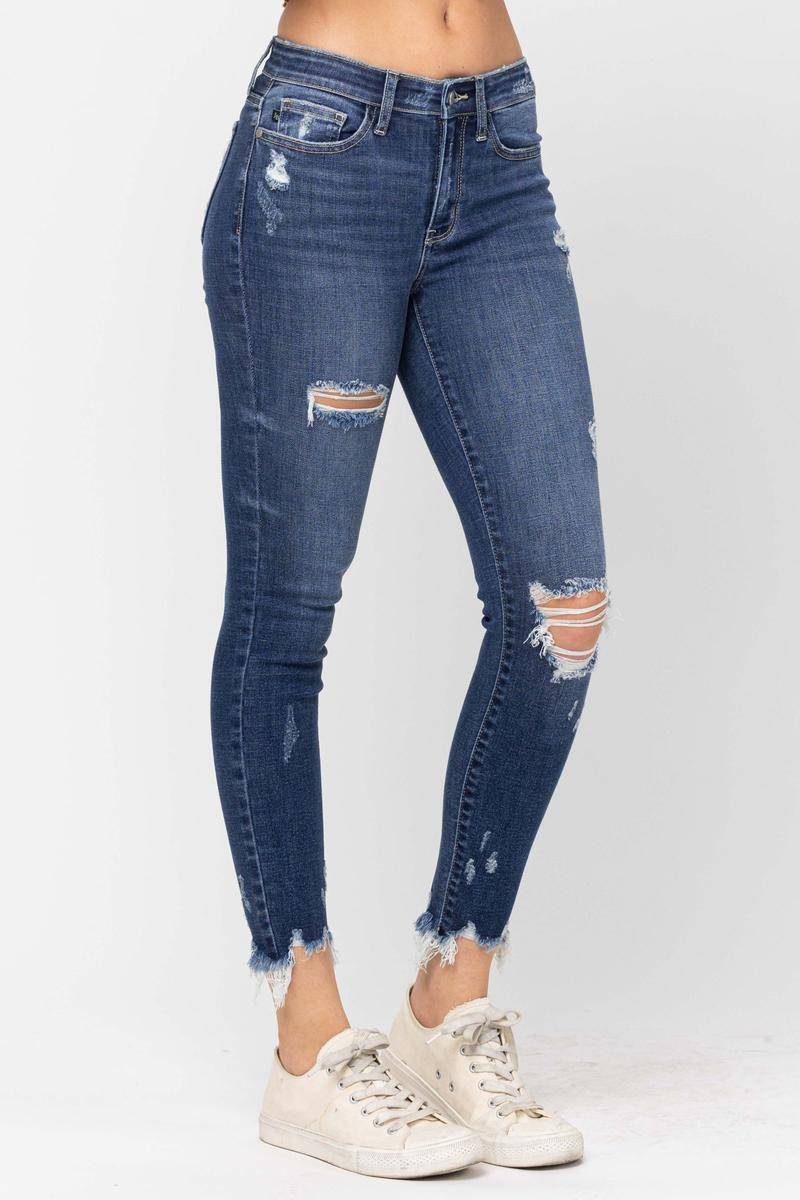 Judy Blue Mid-Rise Raw Hem Destroyed Skinny Jeans - Dixie Hike & Style