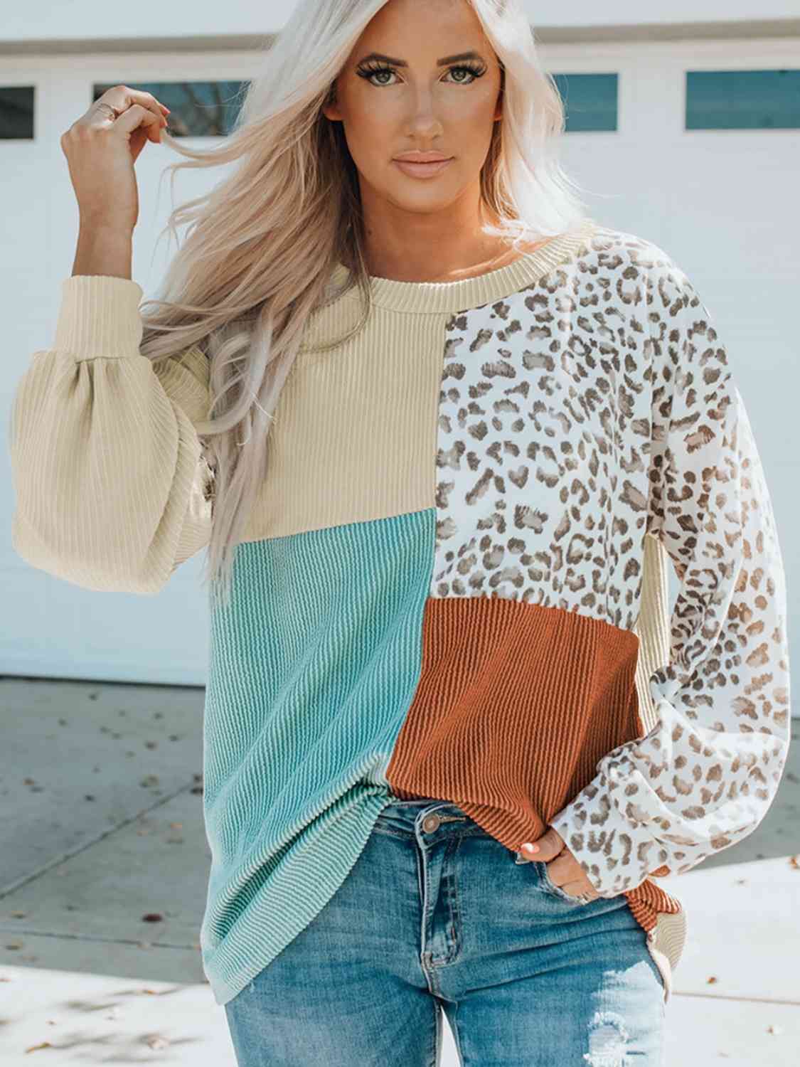 Color Block Leopard Round Neck Sweatshirt - Dixie Hike & Style
