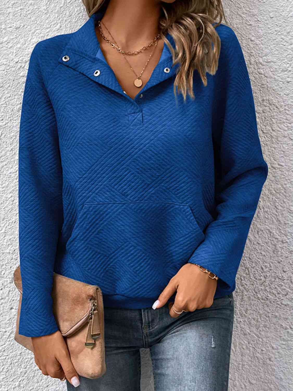 Half Buttoned Collared Neck Sweatshirt with Pocket - Dixie Hike & Style