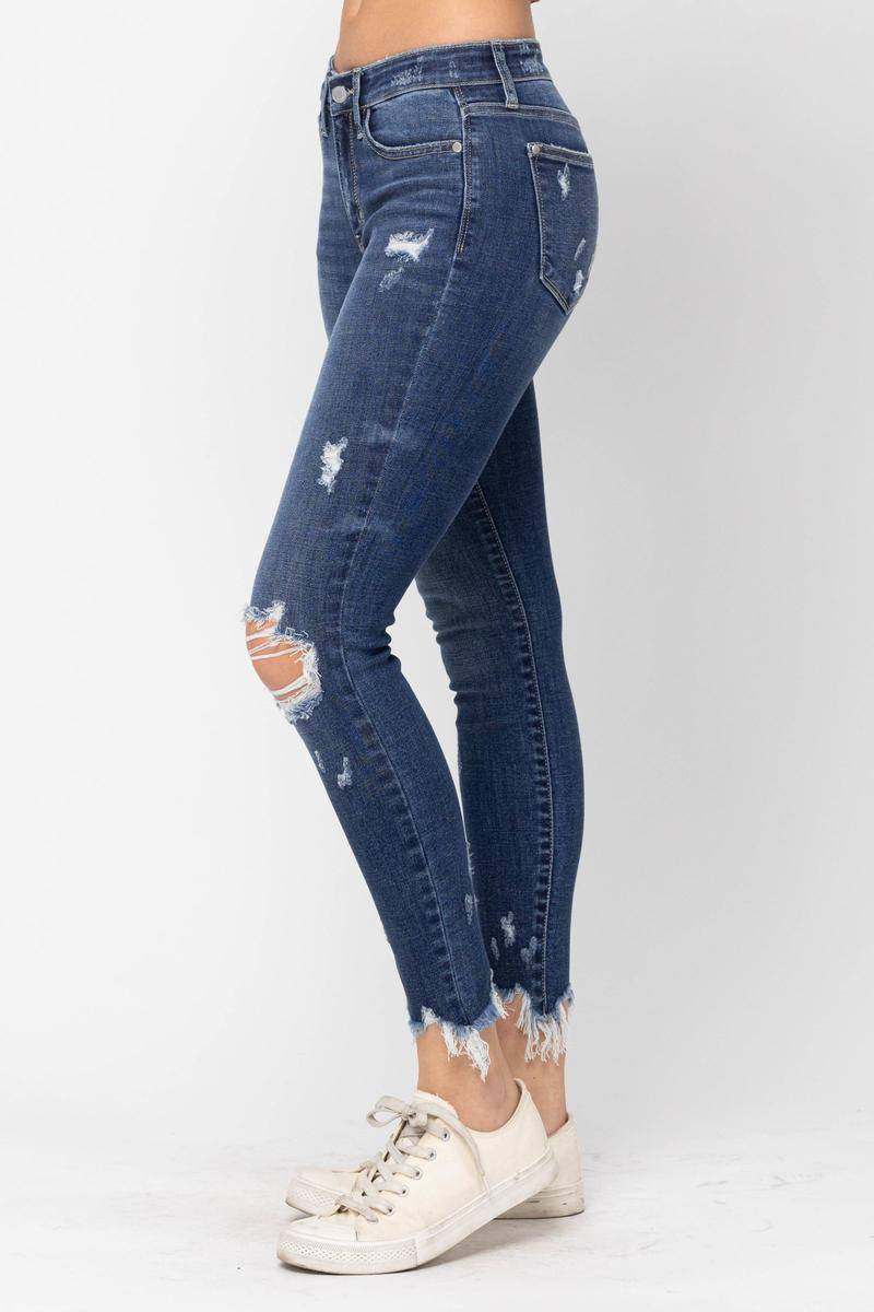 Judy Blue Mid-Rise Raw Hem Destroyed Skinny Jeans - Dixie Hike & Style