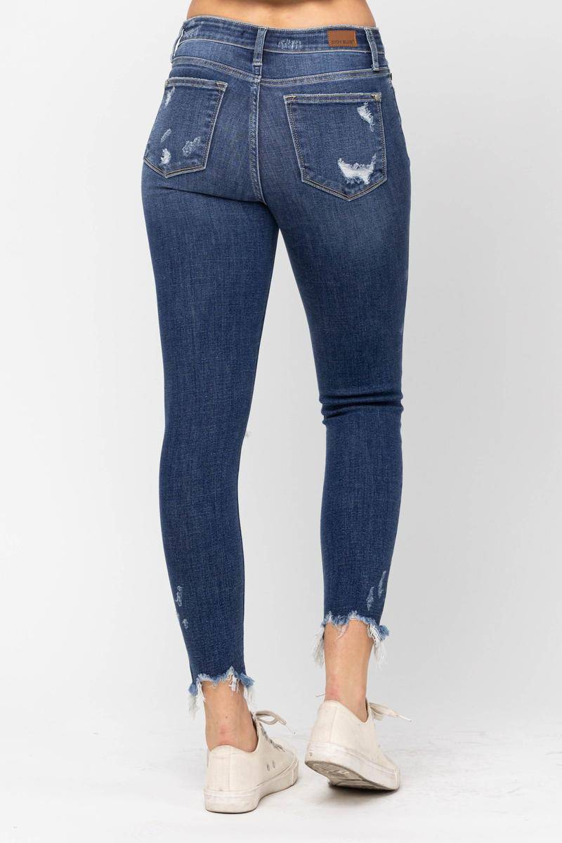 Judy Blue Mid-Rise Raw Hem Destroyed Skinny Jeans - Dixie Hike & Style