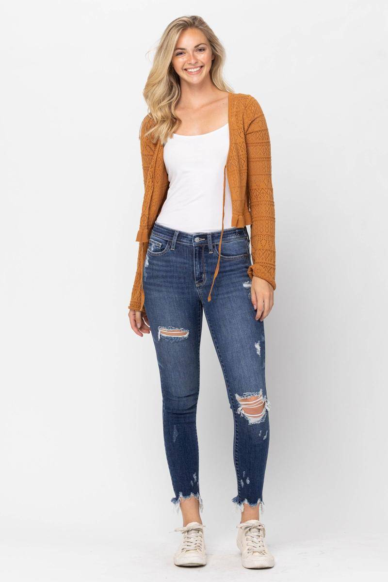 Judy Blue Mid-Rise Raw Hem Destroyed Skinny Jeans - Dixie Hike & Style