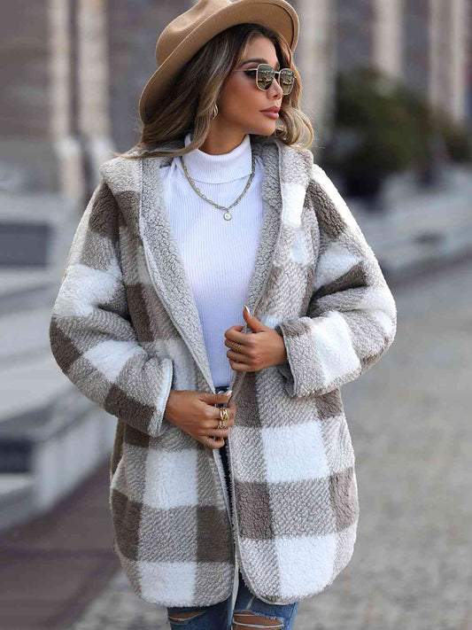 Plaid Open Front Hooded Coat - Dixie Hike & Style