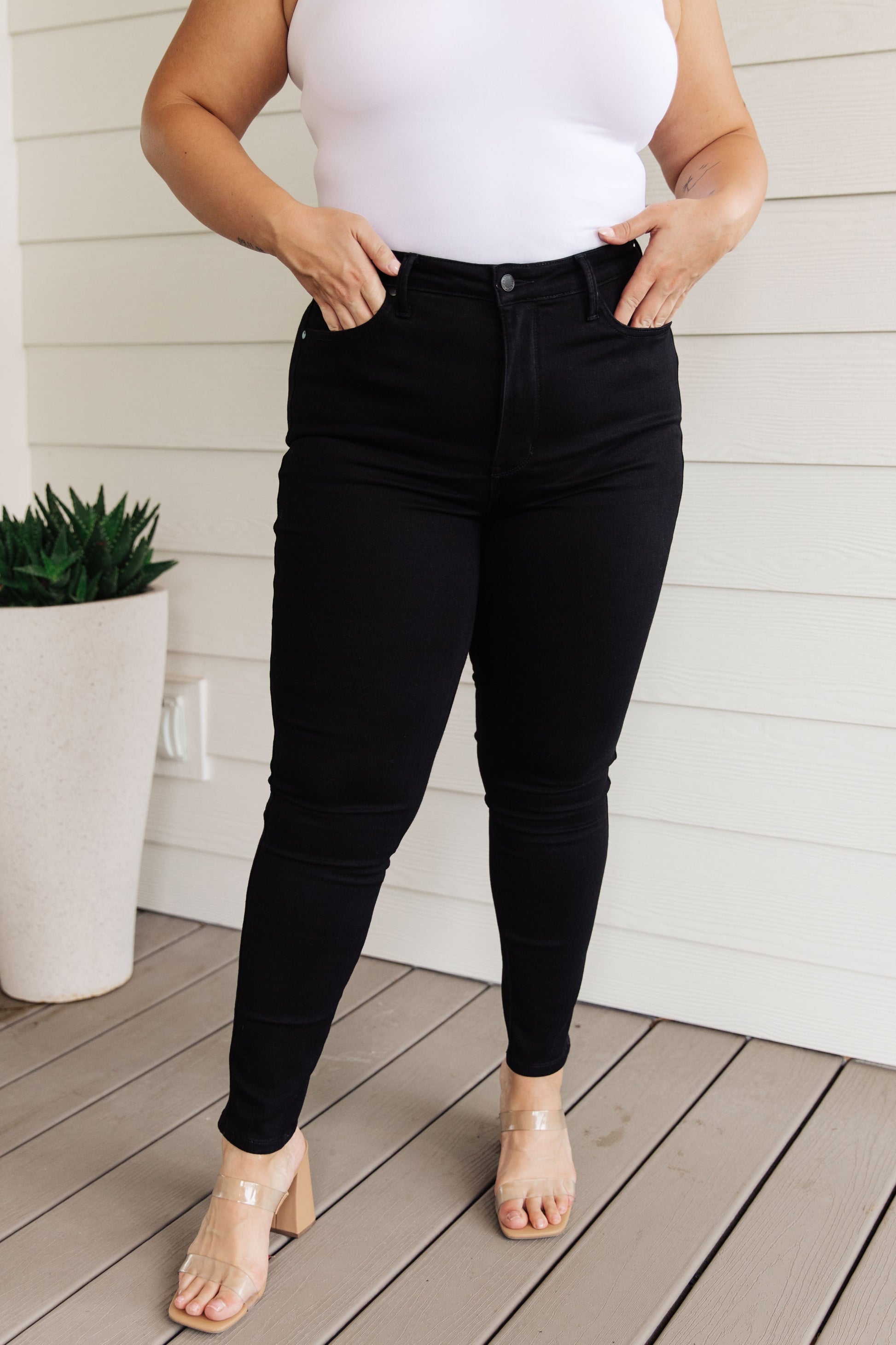 Audrey High Rise Control Top Classic Skinny Jeans in Black - Dixie Hike & Style