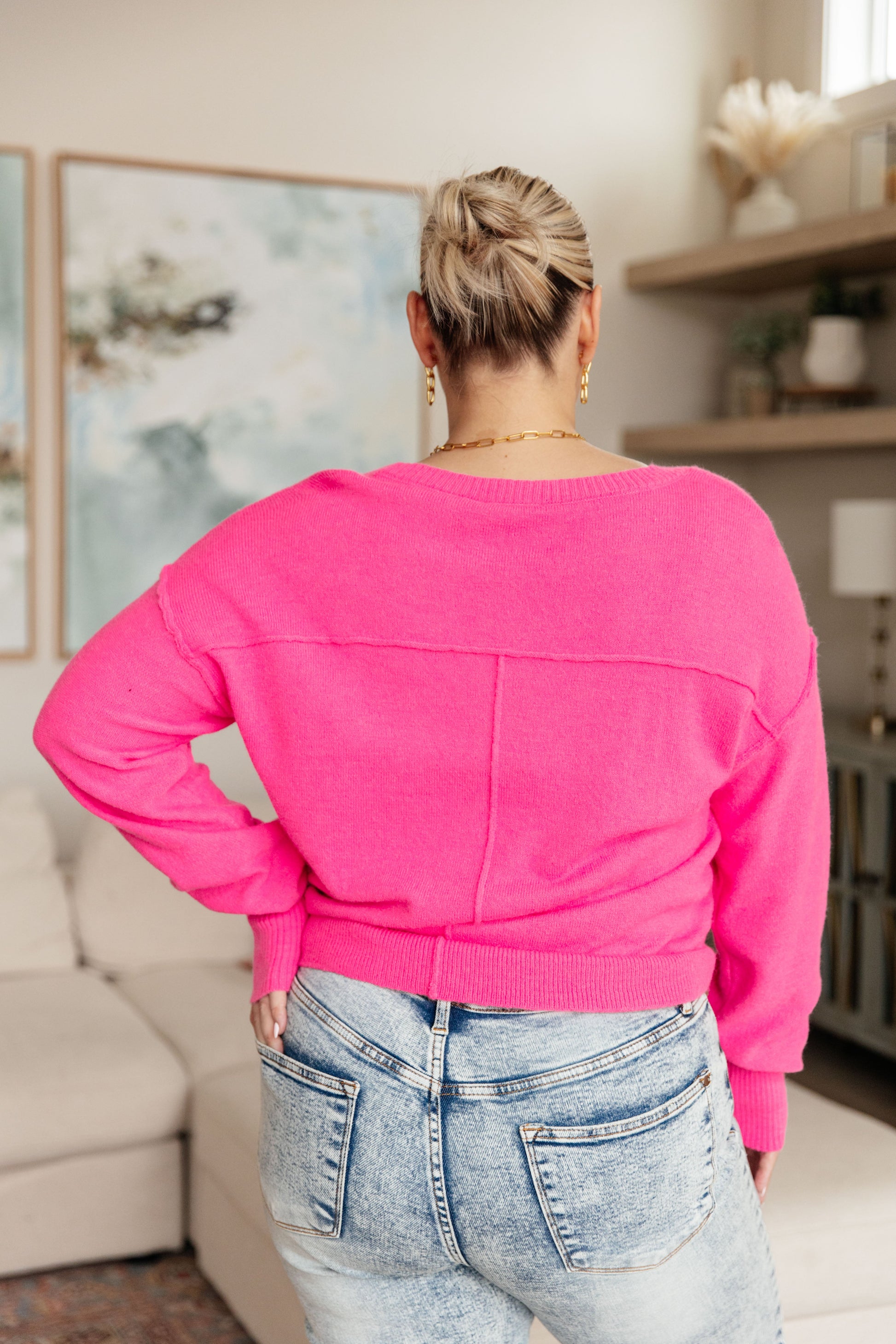 Back to Life V-Neck Sweater in Pink - Dixie Hike & Style