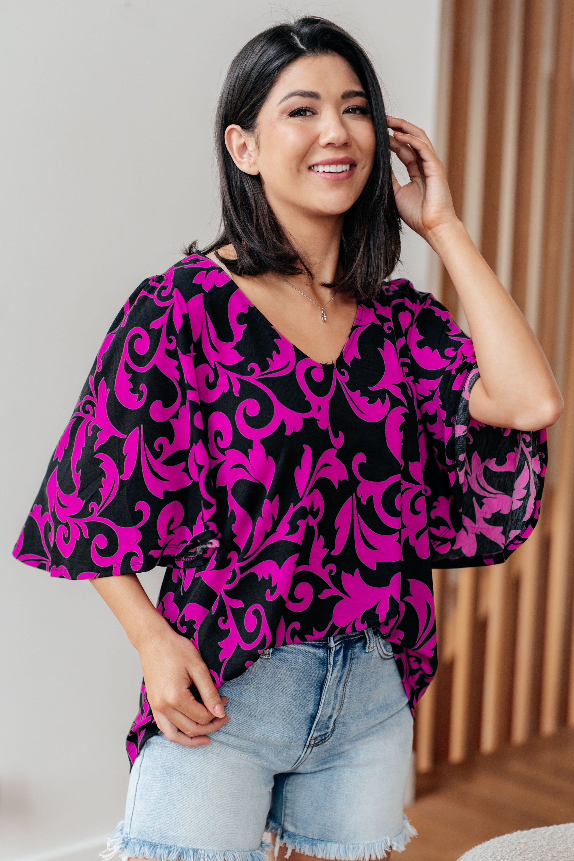 Casually Cute V-Neck Top in Magenta - Dixie Hike & Style