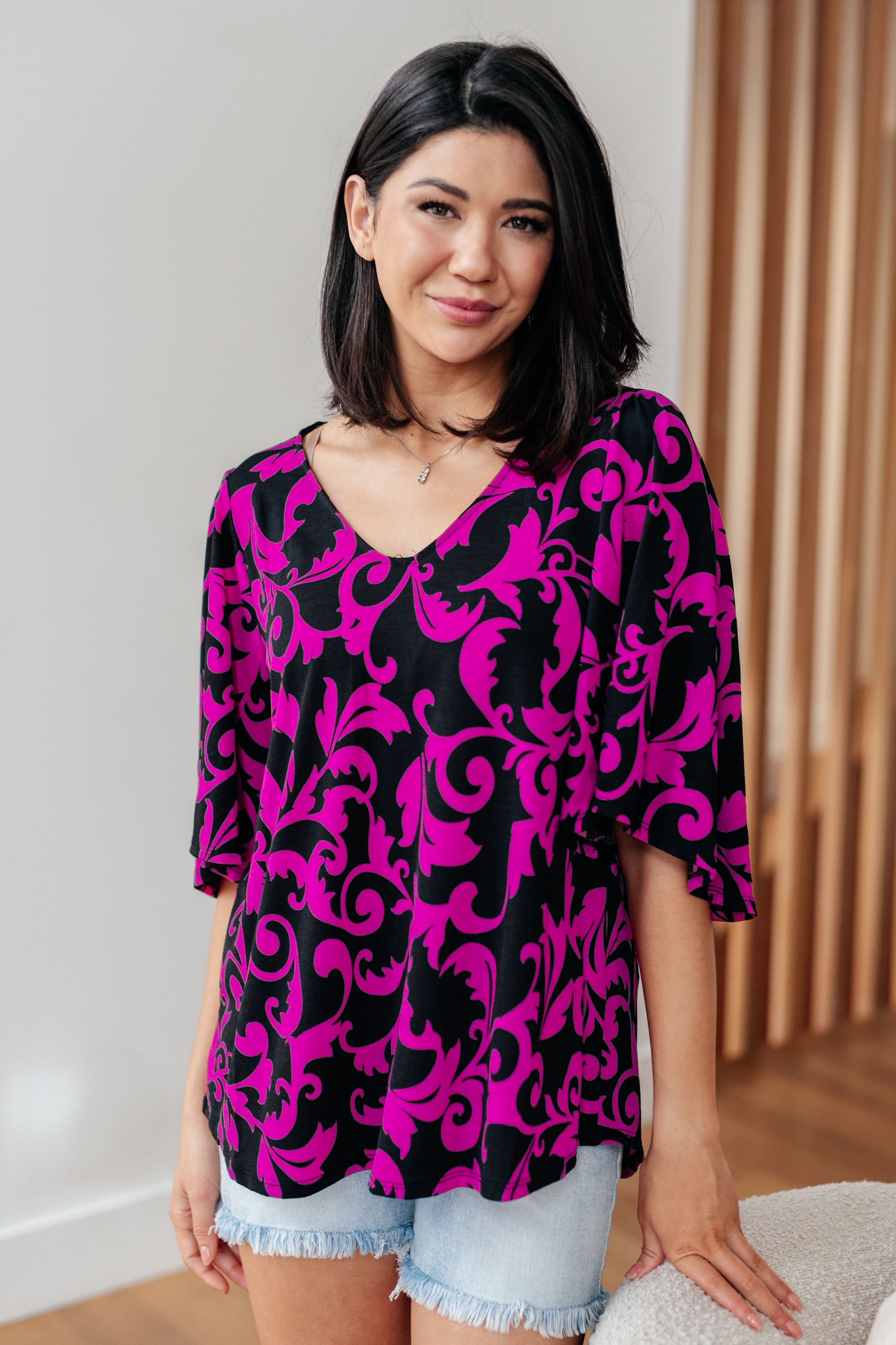 Casually Cute V-Neck Top in Magenta - Dixie Hike & Style