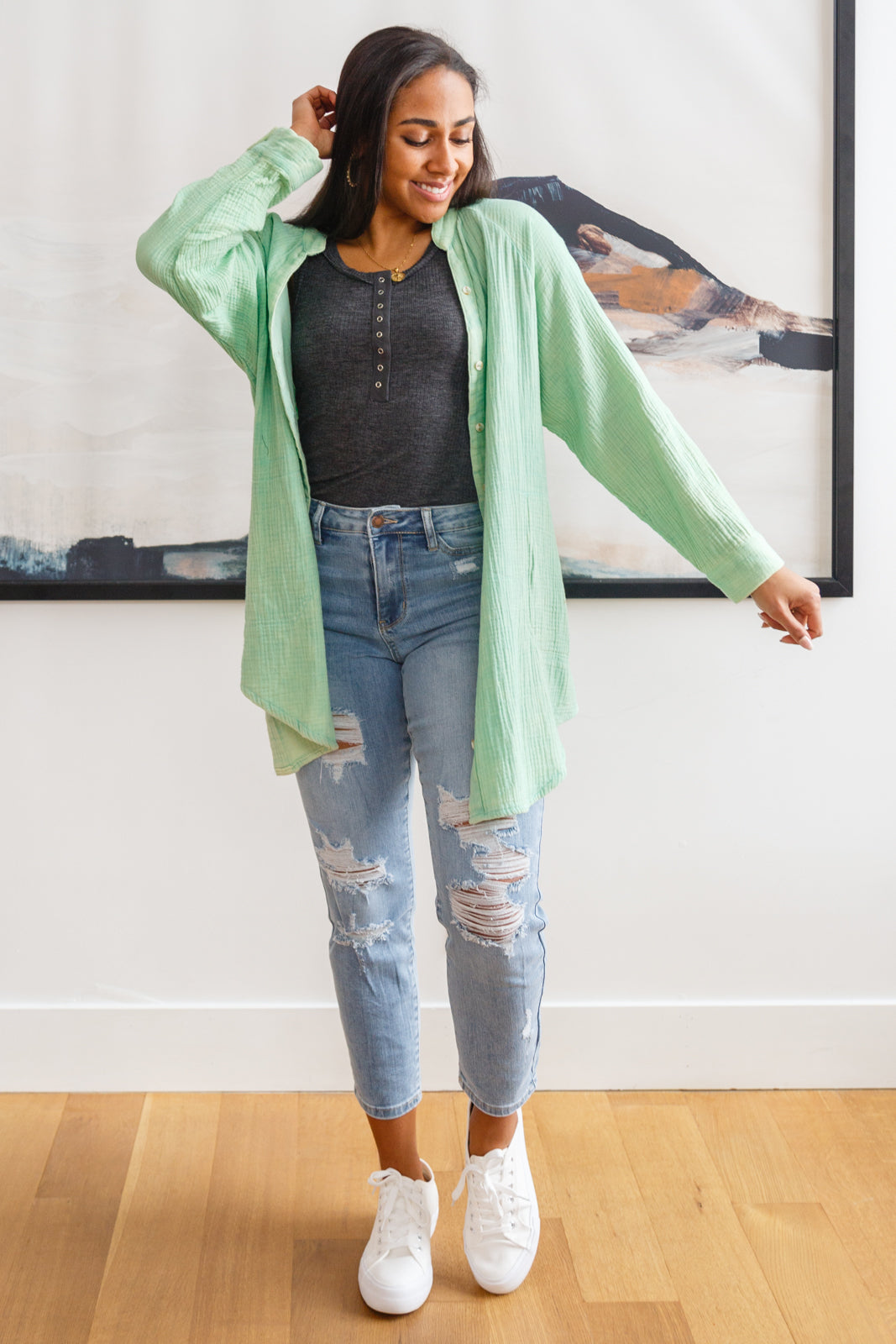 Corey Button Up Top In Vintage Green - Dixie Hike & Style