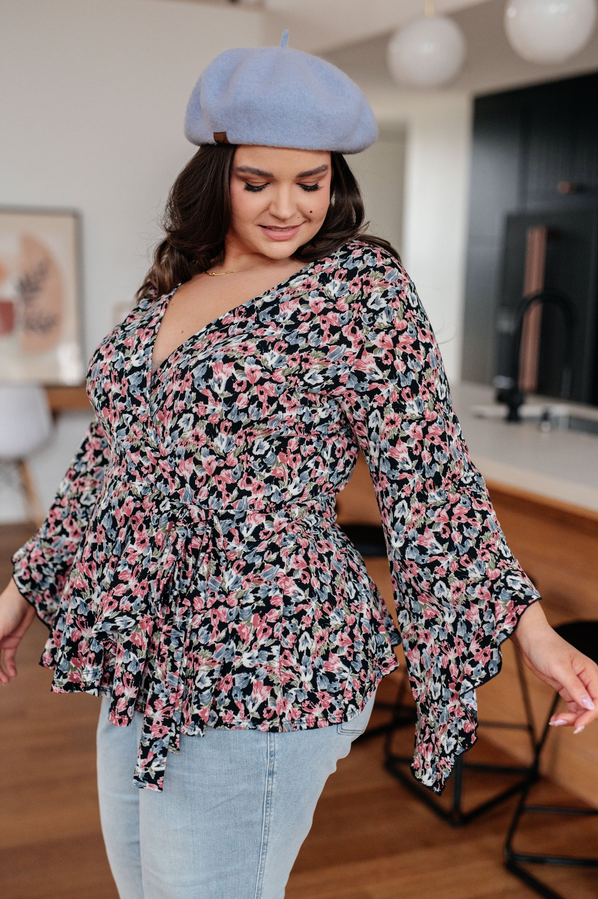 Have It All Angel Sleeve Top in Black Floral - Dixie Hike & Style