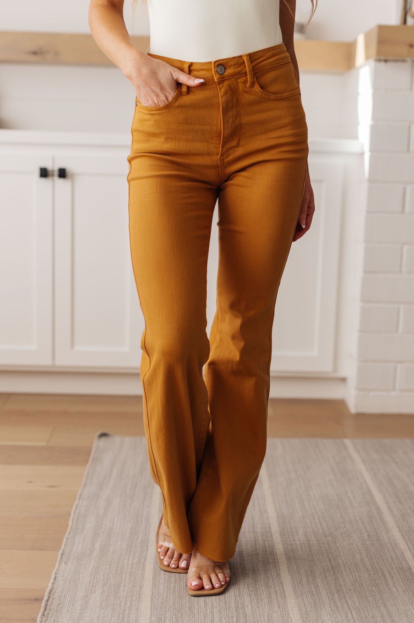 Melinda High Rise Control Top Flare Jeans in Marigold - Dixie Hike & Style