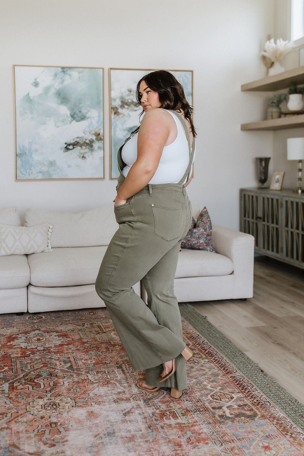 Olivia Control Top Release Hem Overalls in Olive - Dixie Hike & Style