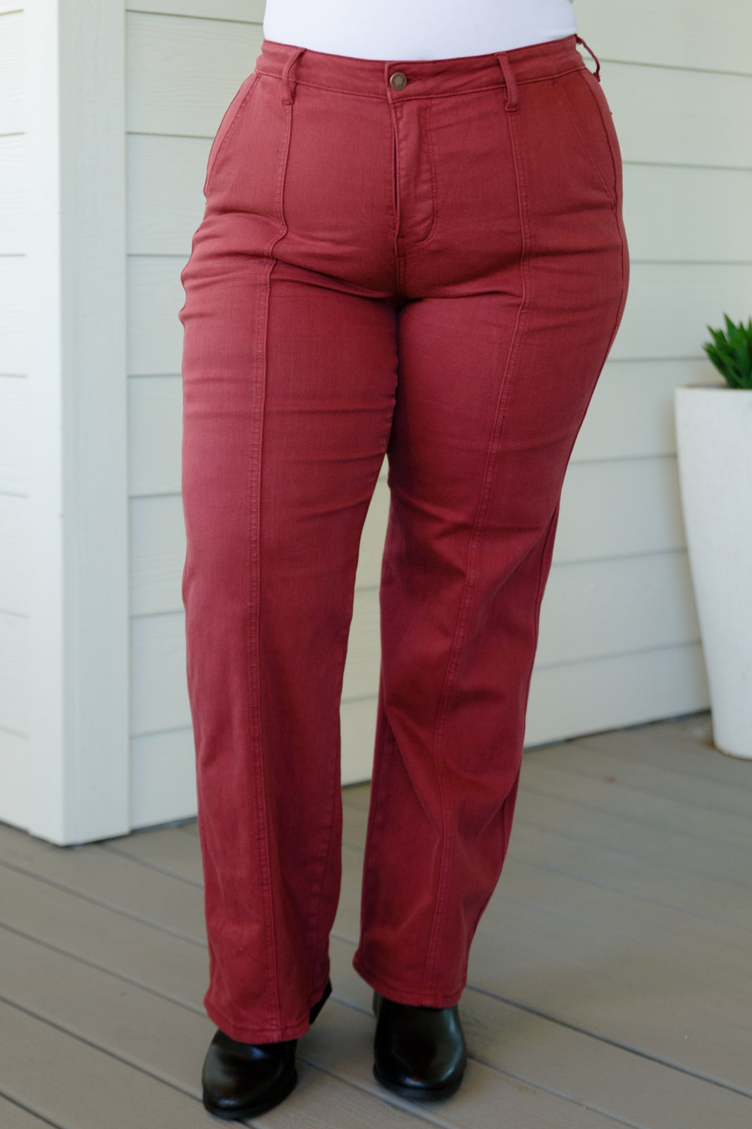 Phoebe High Rise Front Seam Straight Jeans in Burgundy - Dixie Hike & Style