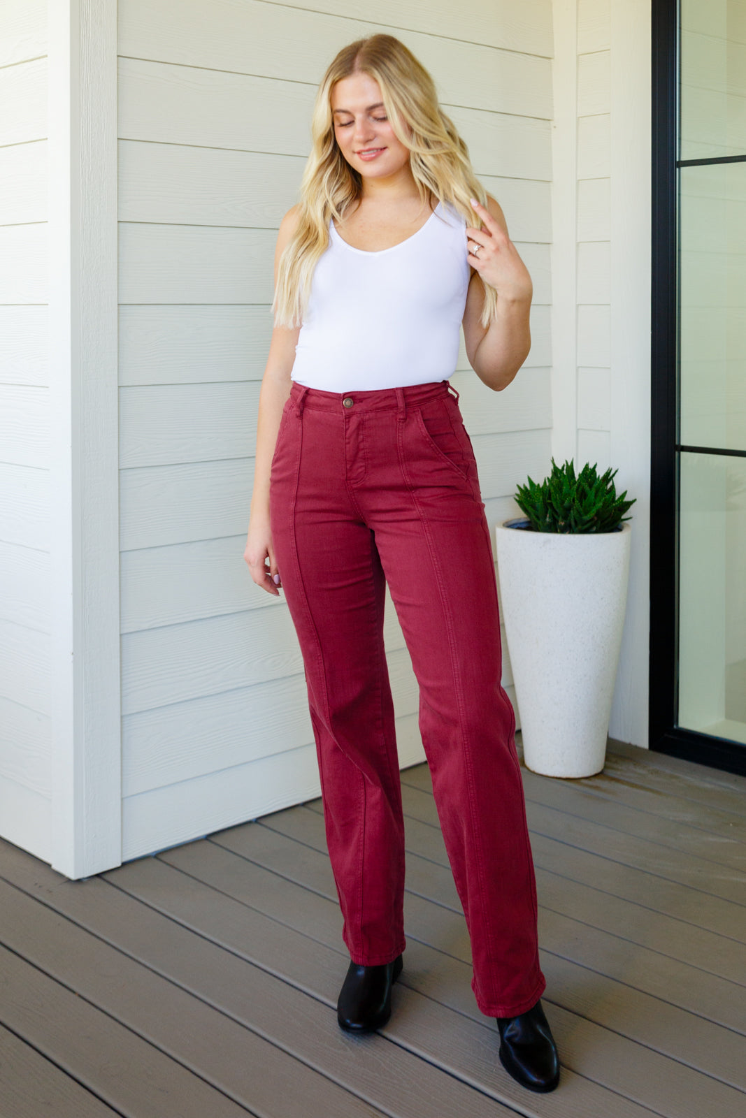 Phoebe High Rise Front Seam Straight Jeans in Burgundy - Dixie Hike & Style
