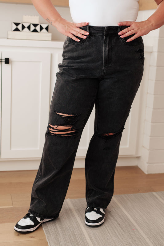 Susannah High Rise Rigid Magic 90's Distressed Straight Jeans in Black - Dixie Hike & Style