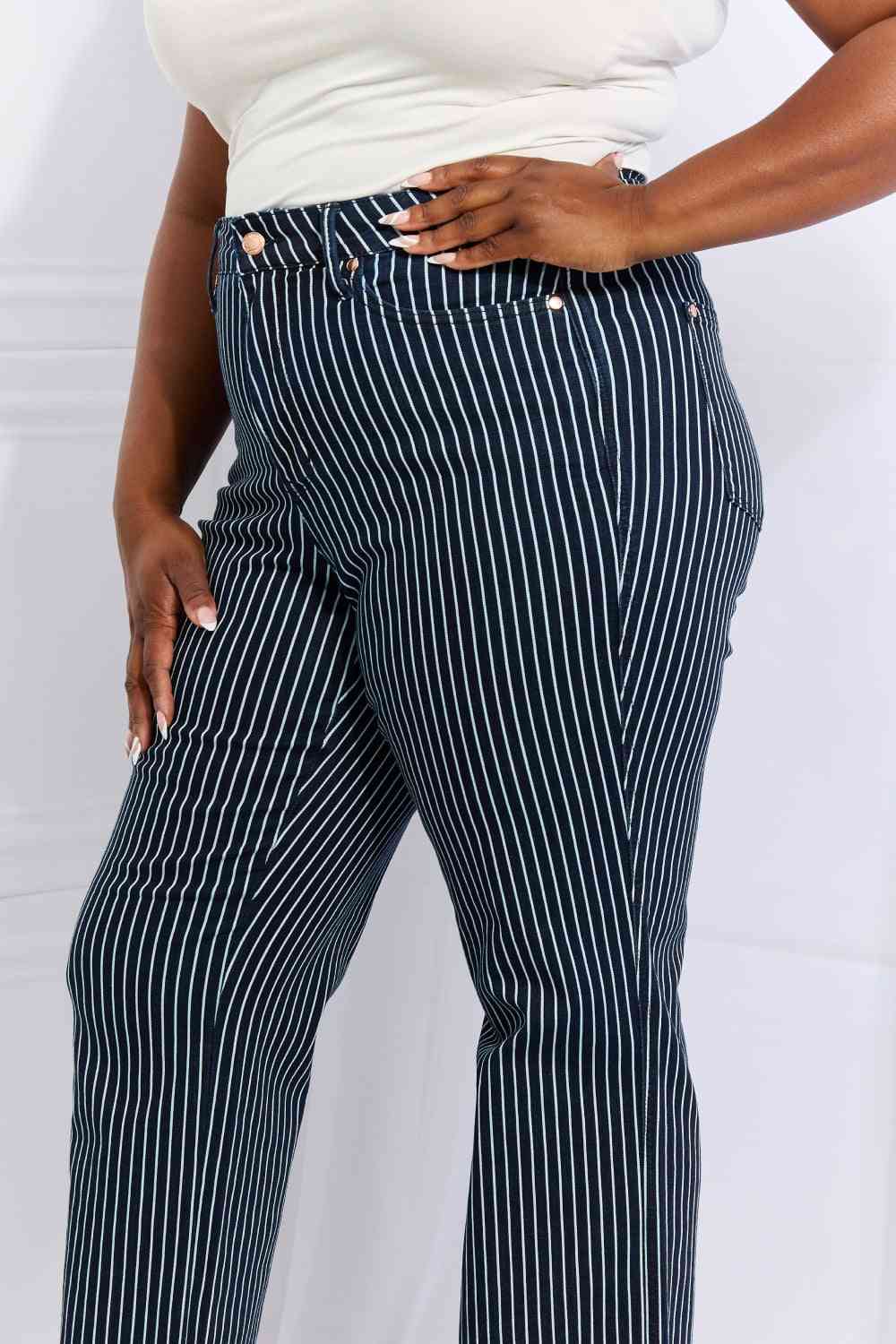 Judy Blue Cassidy Full Size High Waisted Tummy Control Striped Straight Jeans - Dixie Hike & Style