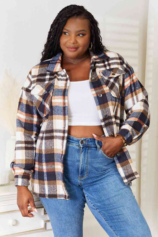Double Take Plaid Button Front Shirt Jacket with Breast Pockets - Dixie Hike & Style