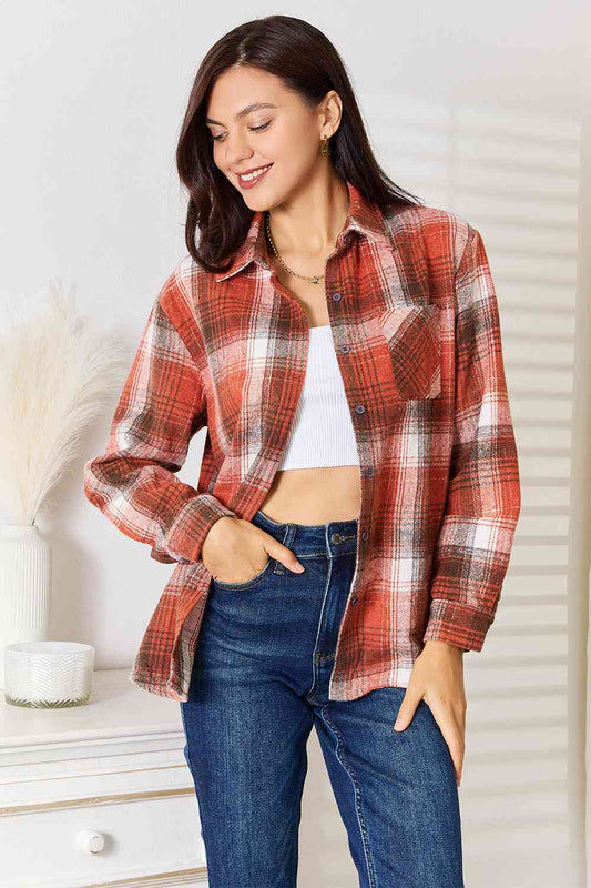 Double Take Plaid Collared Neck Long Sleeve Shirt - Dixie Hike & Style