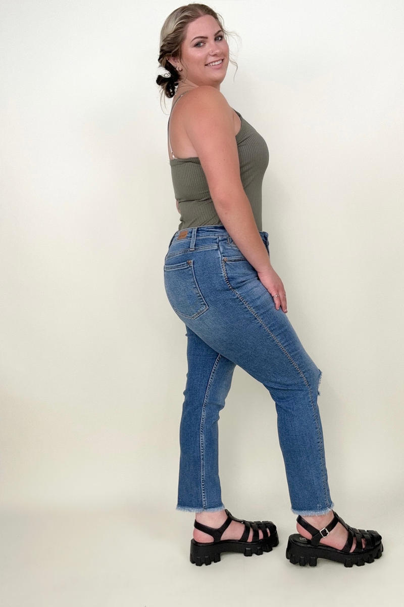 Judy Blue Embroidered Boyfriend Jeans with Side Seam Stitch - Dixie Hike & Style