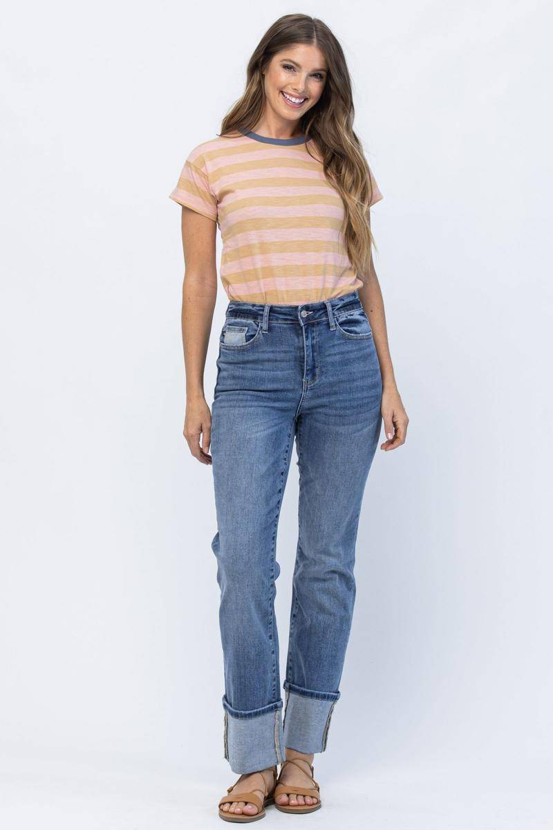 Judy Blue High Waist Straight Leg Jeans with Wide Cuff - Dixie Hike & Style