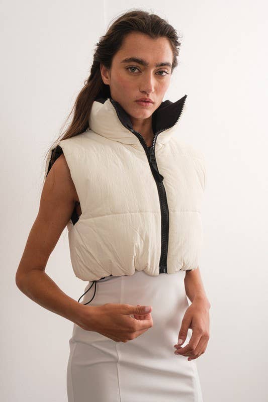 Papermoon Zariah Reversible Crop Puffer Vest - Black & Cream