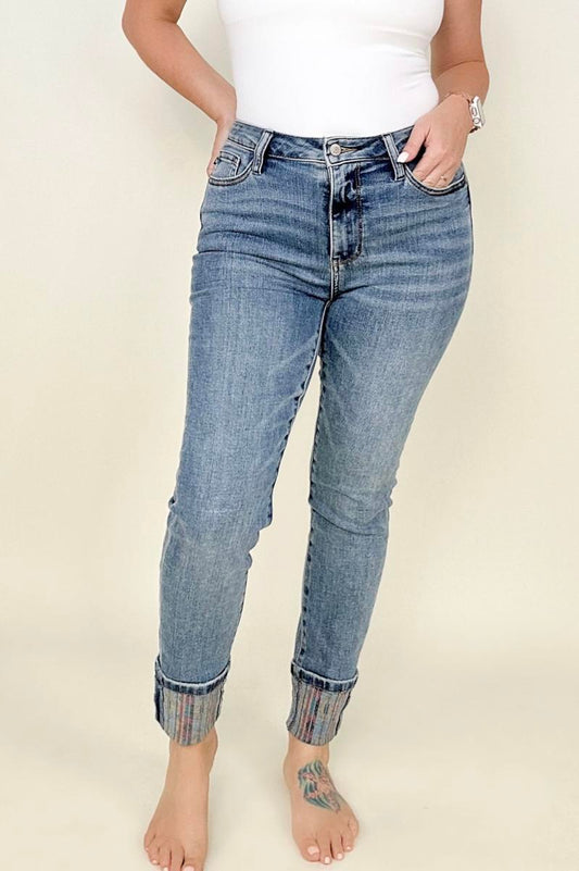 Judy Blue High Waist South Western Print Cuffed Relaxed Fit Jeans - Dixie Hike & Style