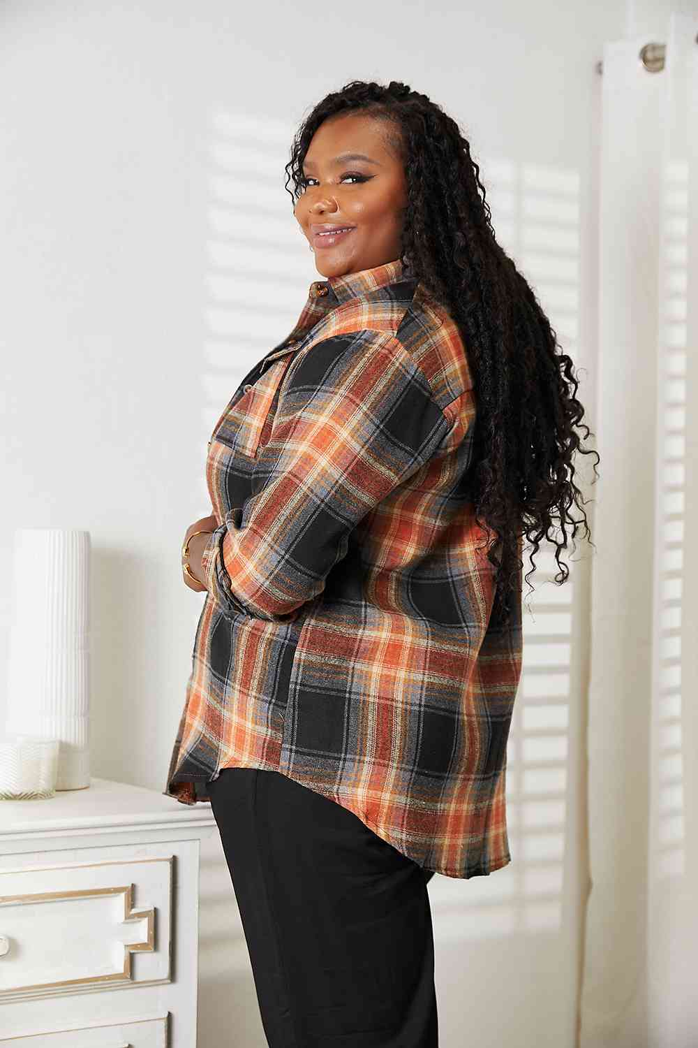 Double Take Plaid Dropped Shoulder Shirt - Dixie Hike & Style