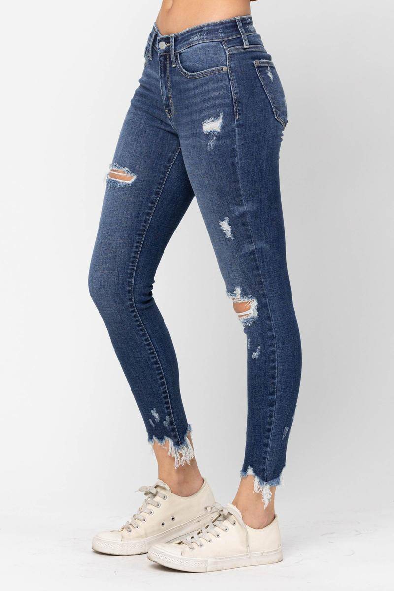 Judy Blue Mid-Rise Raw Hem Destroyed Skinny Jeans - Dixie Hike & Style