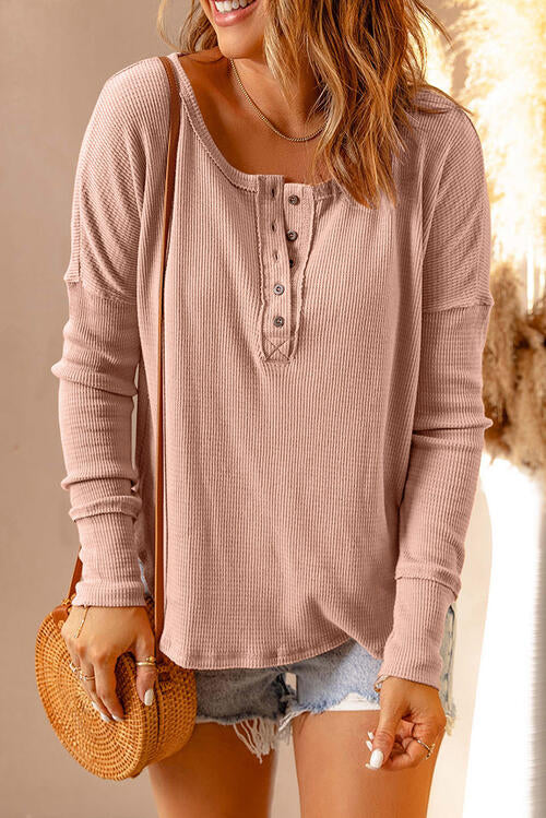 Waffle Knit Henley Long Sleeve Top - Dixie Hike & Style