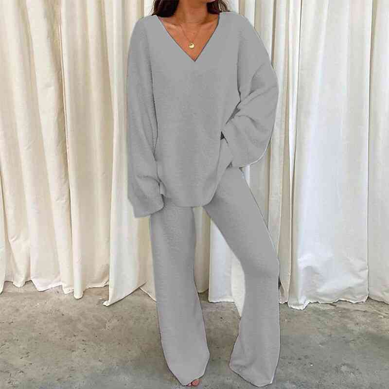 V-Neck Long Sleeve Top and Long Pants Set - Dixie Hike & Style